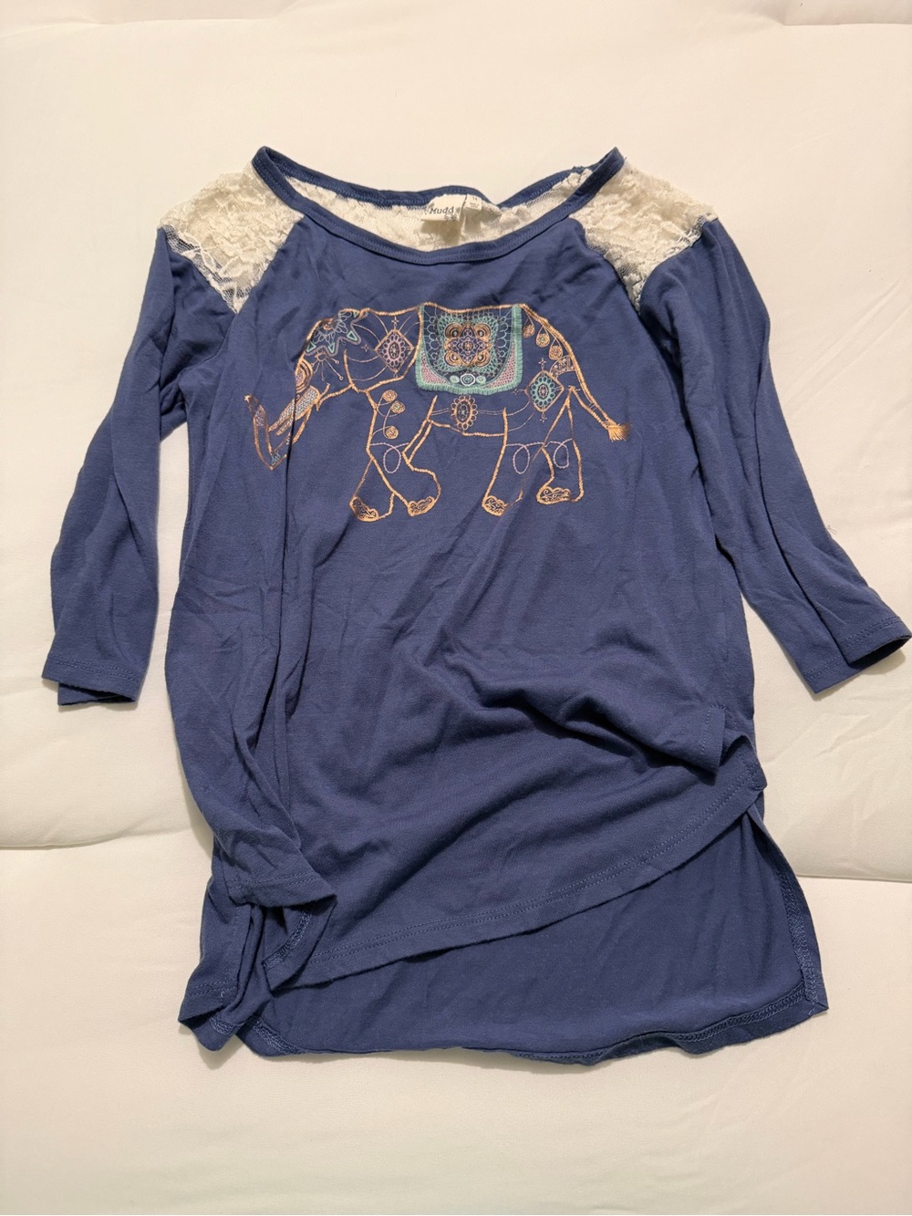 Mudd Blue Lace-Shoulder Elephant Long Sleeve Top